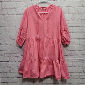 Day + Moon Pink Smock Cotton Tiered Mini Dress Sz S Tassel Cottagecore Prairie